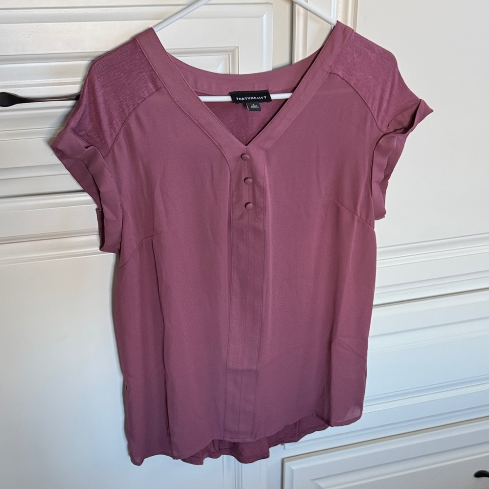 Fortune + Ivy Mauve Button-Front Mixed Media Top